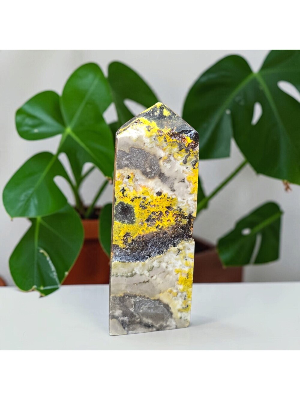 A210. RARE Bumble Bee Jasper 3.25" Natural Crystal Tower Point w/druzy